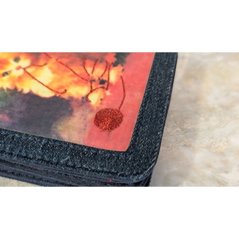 Denim wallet mini purse - Kitten and Shimmery Red 'Yarn' with removable strap - Picture 3 of 7